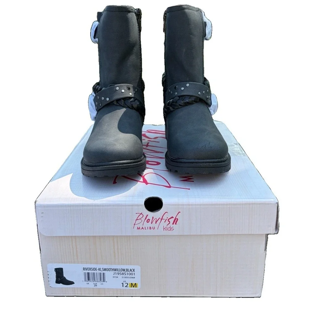 Blowfish Malibu Kids Riverside Moto Boots Black Youth Size 12M Side Zip NIB